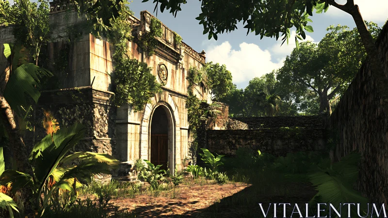 Overgrown stone courtyard and arched entrance in sunlight.