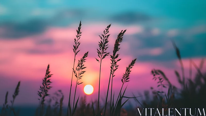 Silhouetted meadow grass cuts into neon sunset gradient sky.