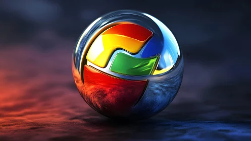 Shiny Chrome Sphere with Colorful Abstract Logo, Digital Art.