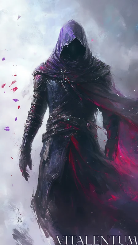 Hooded shadow assassin strides through storm of crimson light.