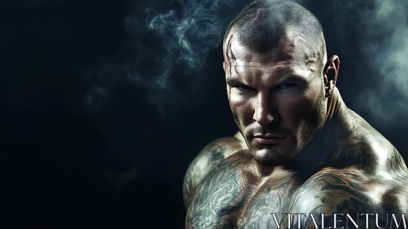 Low-key portrait of scarred muscular man in dramatic chiaroscuro.