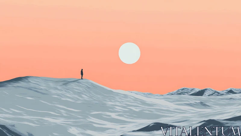 Solitary figure on pale hills under soft peach sunlit sky.