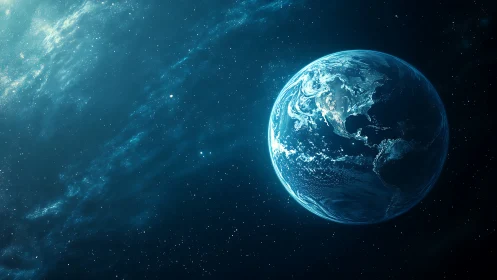 Gentle blue Earth drifting quietly through starlit space.