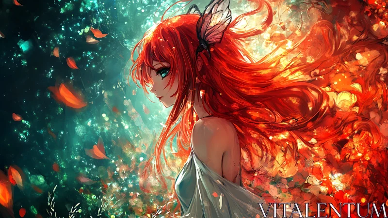 Side-lit red-haired girl with butterfly hairpiece amid bokeh flare field