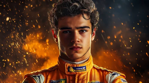 Portrait depicts young driver in orange racing suit frontally