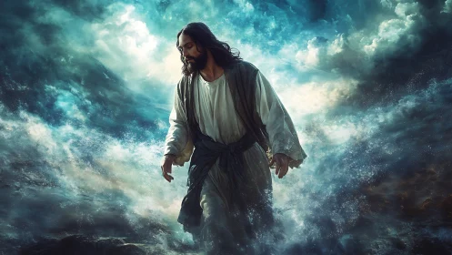 Figure in white robe walking across turbulent ocean surface