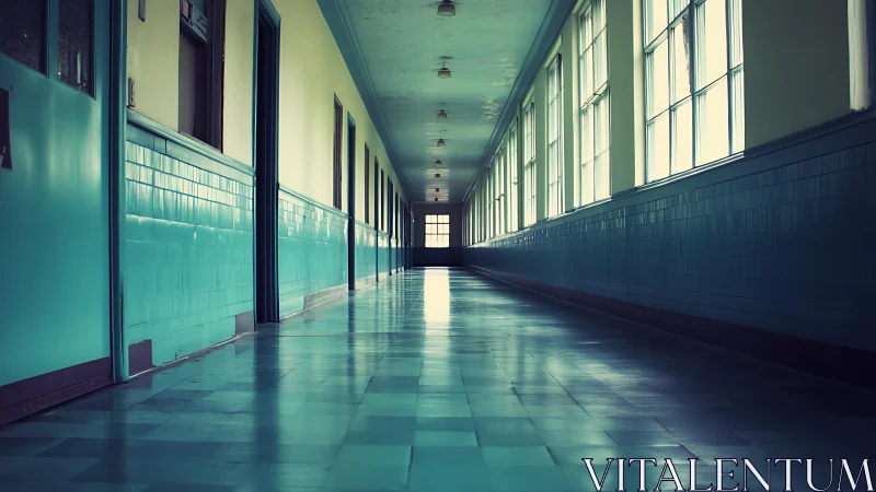Empty teal hospital corridor under cool fluorescent light.