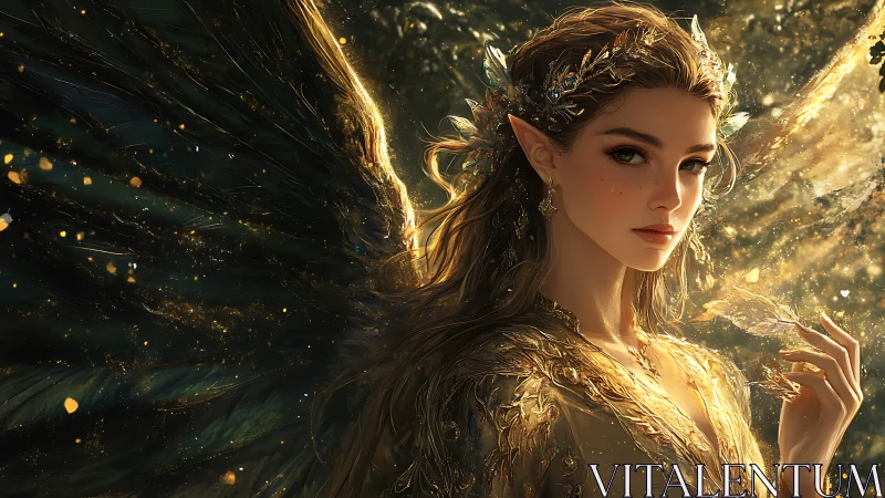 Gilded forest fae queen crowned in embers of twilight gold.