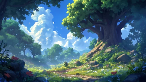 Luminescent Forest Clearing with Ancient Canopy Architecture and Atmospheric Sky