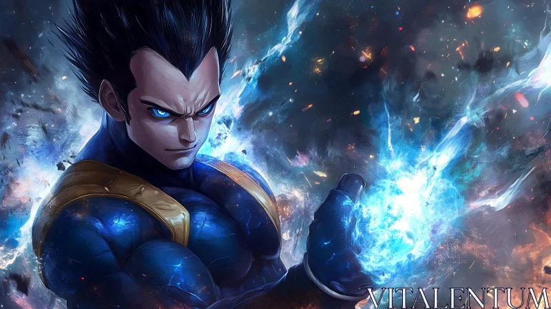 Saiyan warrior channels cosmic blue energy storm power.