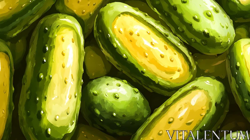 Glossy green cucumbers with warm golden highlights clustered.