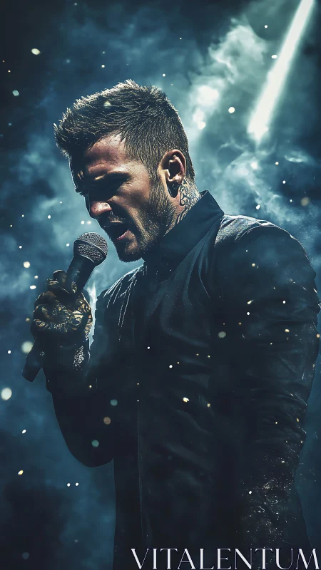 Male vocalist with microphone in dense atmospheric lighting.