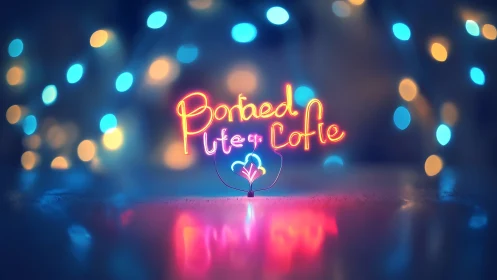 Neon love phrase glowing amid dreamy bokeh nightscape.