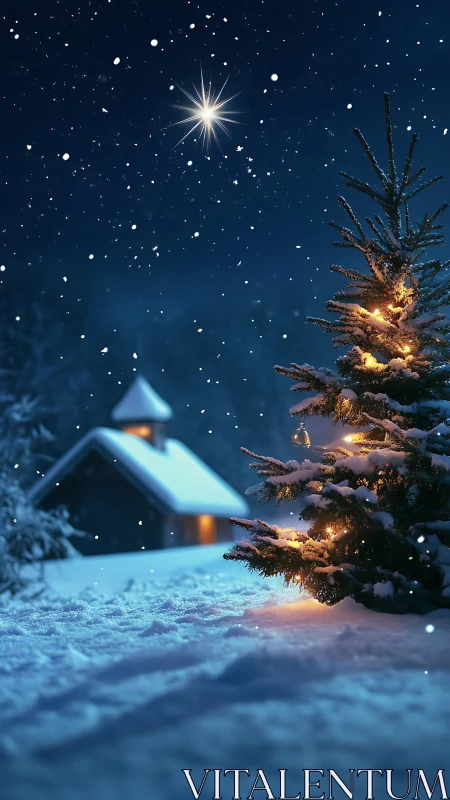 Snowlit Christmas tree glowing softly beneath winter stars.