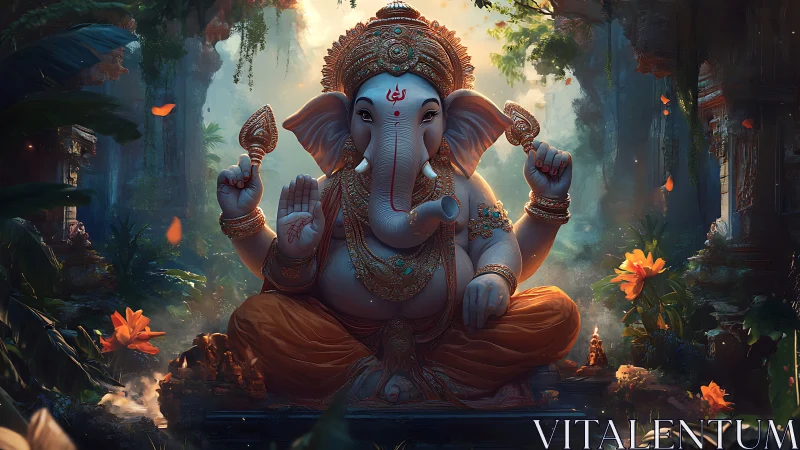 Divine elephant deity in lush temple ruins, cinematic lighting.