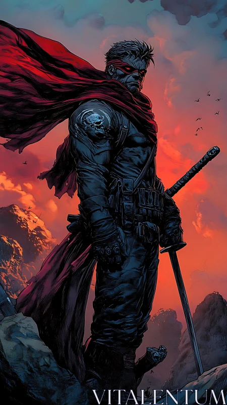 Scarred swordsman stands defiant beneath a burning sky