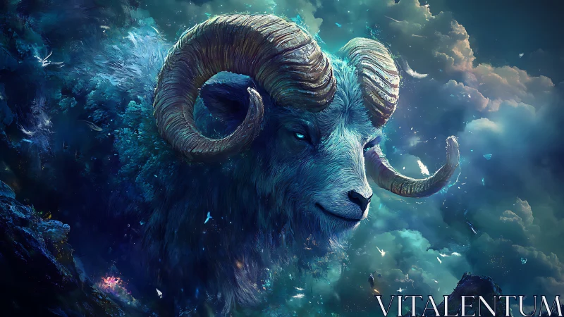 Celestial ram deity rendered in luminous cosmic nebula.