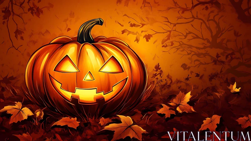 Glowing jack-o’-lantern amid autumn foliage in orange haze.