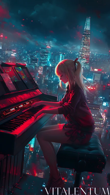 Solitary pianist plays neon-lit keyboard above cyberpunk city