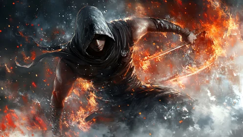 Hooded fire assassin carving molten arcs through smoke.