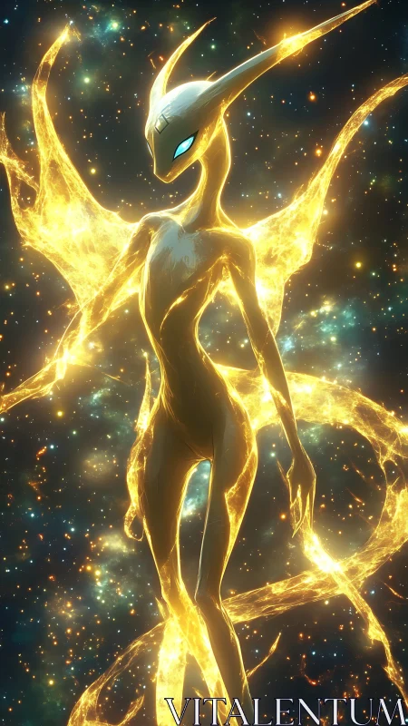 Luminous alien entity with plasma wings rendered in deep cosmic space