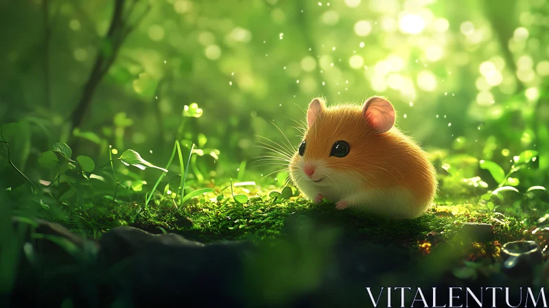 Small rodent on mossy forest floor in soft backlight.