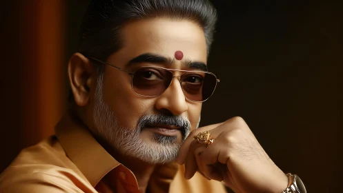 Confident elder in warm light with gentle, thoughtful gaze.