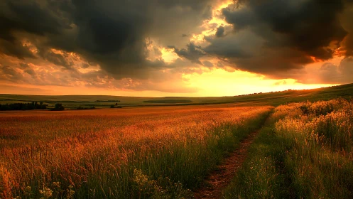 Stormlit sunset over glowing rural grassland trail.