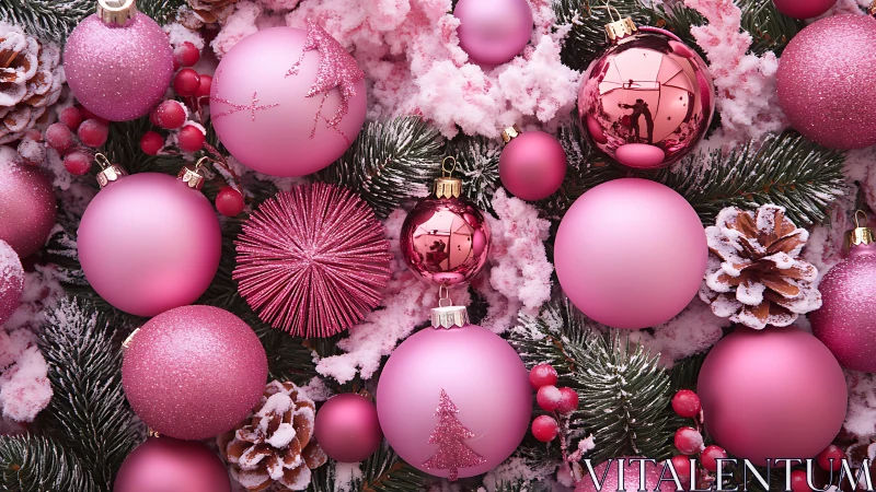 Pink Christmas ornaments lie on snowy evergreen branches