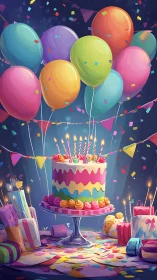 Multilayer Birthday Cake With Balloons and Confetti Display.