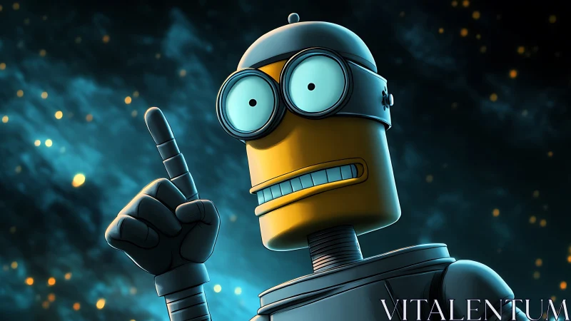 Cartoon robot raises one finger against glowing space background