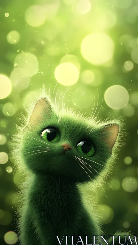 Anthropomorphized feline rendered with extreme eye magnification, sharp whisker articulation, and lu