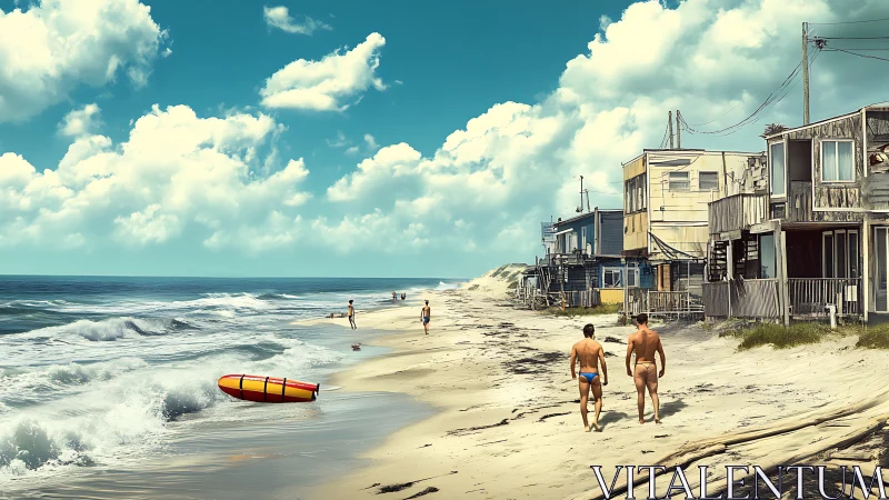 Sunburnt boardwalk dwellers drifting along a salty shore.