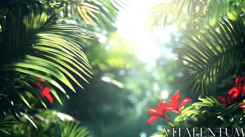 Sunlit tropical foliage forms layered foreground structure