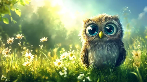 Adorable Big-Eyed Owl in Sunlit Meadow, Whimsical Digital Art.