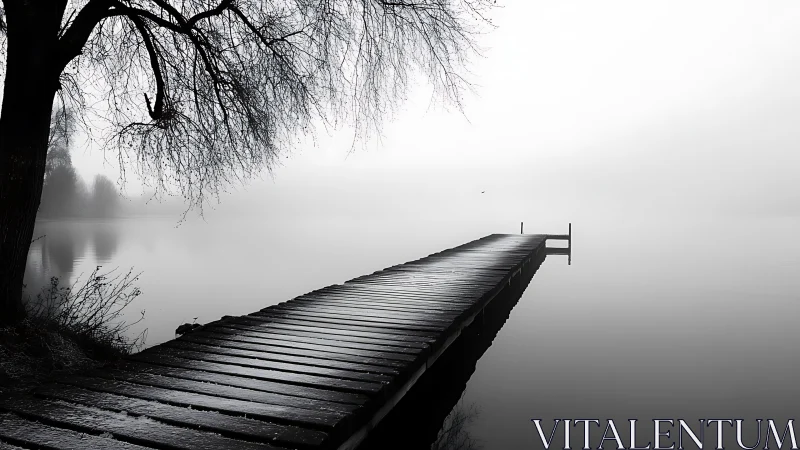 Quiet pier stretching into fog, where grayscale silence hums.