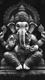 Monochrome elephant deity sculpture in sacred stillness.