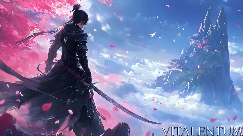 Warrior overlooks floating mountain temples above clouds