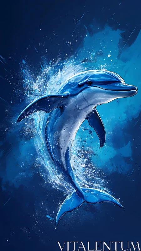 Digital illustration of dolphin emerging through blue water.