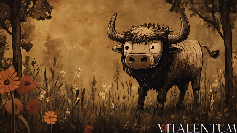 Gentle cartoon yak explores a quiet flower filled forest path