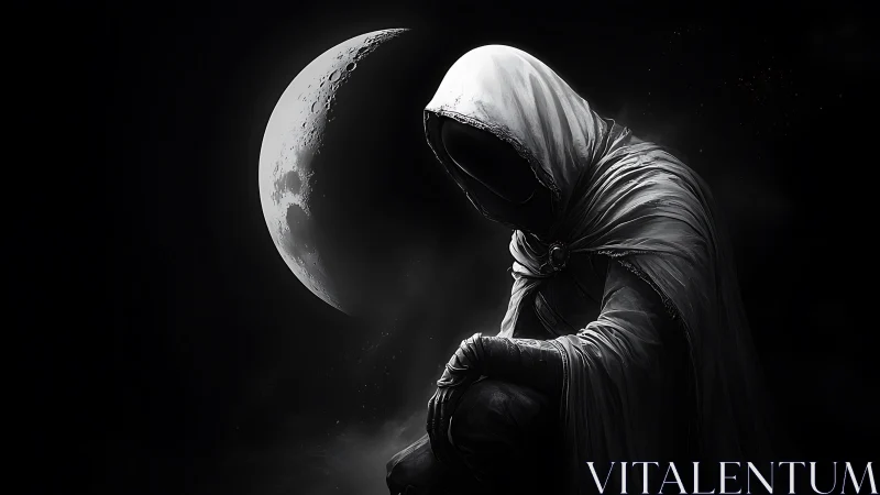 Hooded faceless figure crouched before crescent moon.