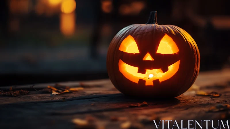 Carved jack o lantern glows on outdoor wooden table at dusk.