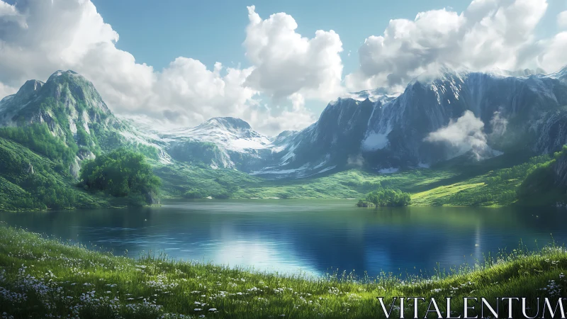 Mountain lake hushes the valley in glassy blue silence