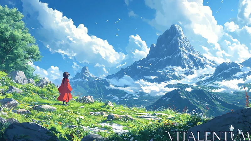 Solitary red-cloaked traveler in expansive alpine valley vista