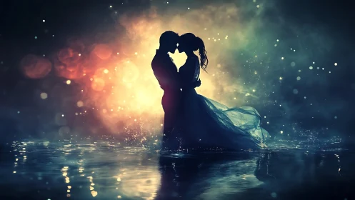 Silhouetted couple kissing in luminescent water with heart light glow.