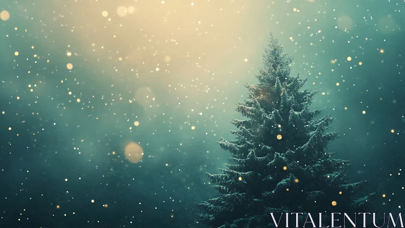 Snowy evergreen tree glows softly under gentle winter light