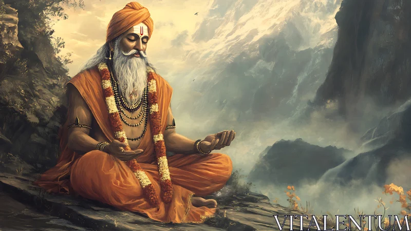 Mountain-top sage in ember robes, weaving silence into sky.