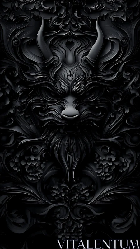 Baroque horned demon relief in monochrome sculpted tendrils.