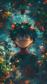 Bioluminescent forest portrait of freckled anime youth.