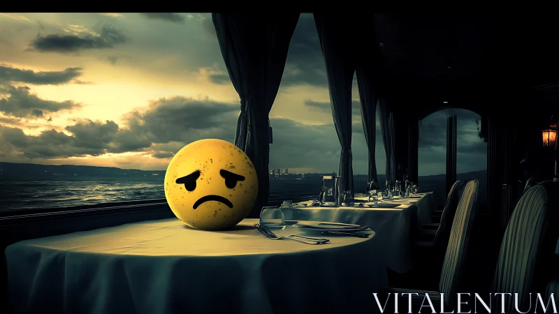 Sad emoticon sphere on train dining table at dusk.